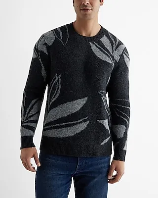 Textured Leaf Print Crew Neck Sweater Gray Men's M Tall