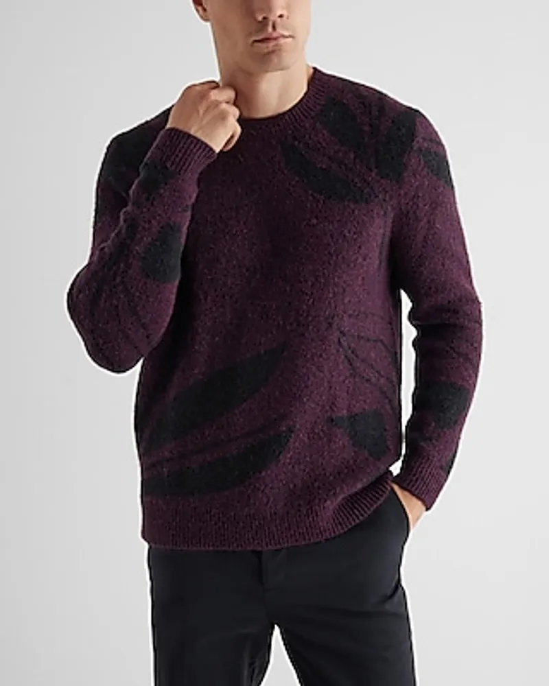 Textured Leaf Print Crew Neck Sweater Purple Men's M