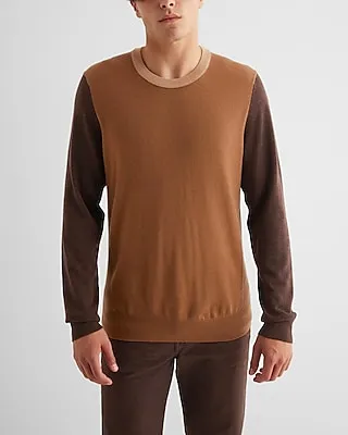 Color Block Crew Neck Merino Wool Sweater Brown Men's XXL Tall