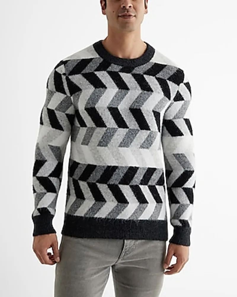 Fuzzy Chevron Crew Neck Sweater Gray Men's