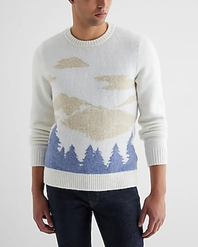 Fuzzy Mountain Landscape Crew Neck Sweater White Men's Tall