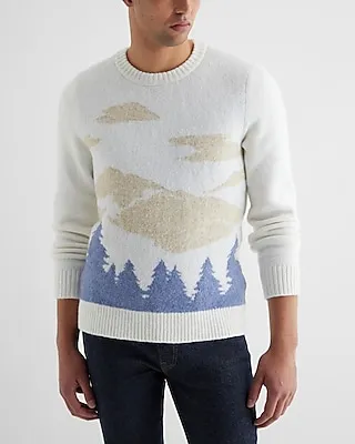 Fuzzy Mountain Landscape Crew Neck Sweater White Men's XXL Tall