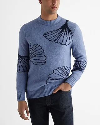 Textured Leaf Print Crew Neck Sweater Blue Men's S