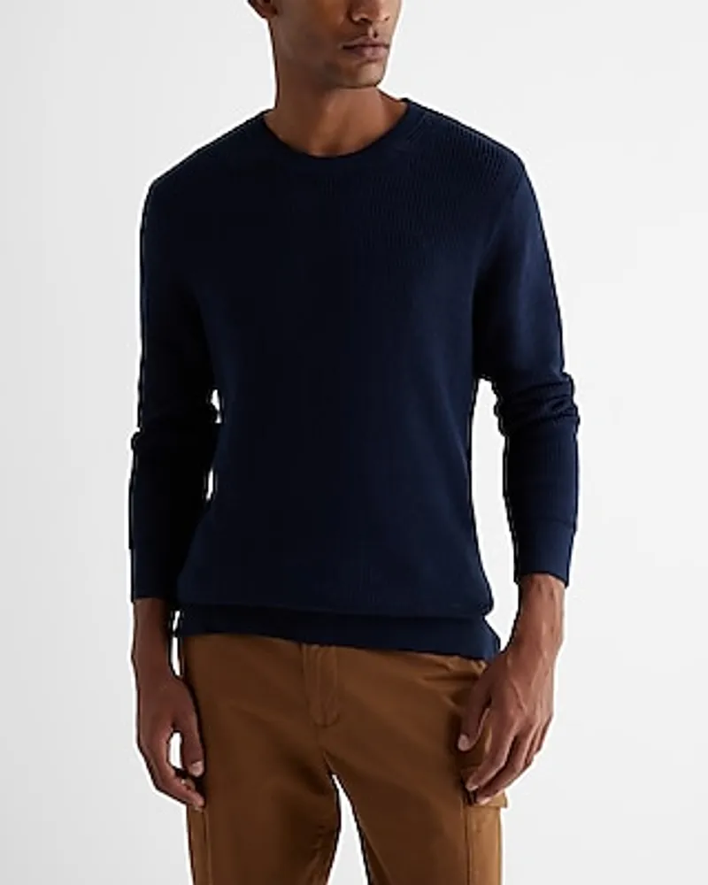 Cotton Ribbed Crewneck Sweater Blue Men's S