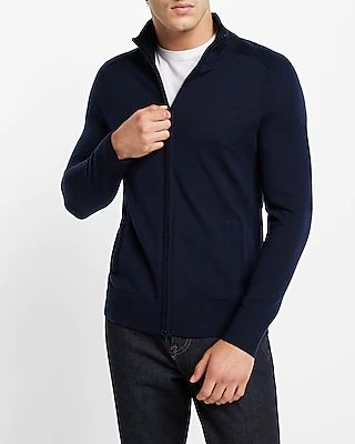 Solid Merino Wool Full Zip Mock Neck Sweater