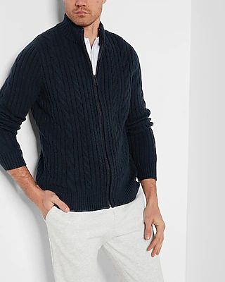 Mixed Cable Knit Mock Neck Zip Sweater