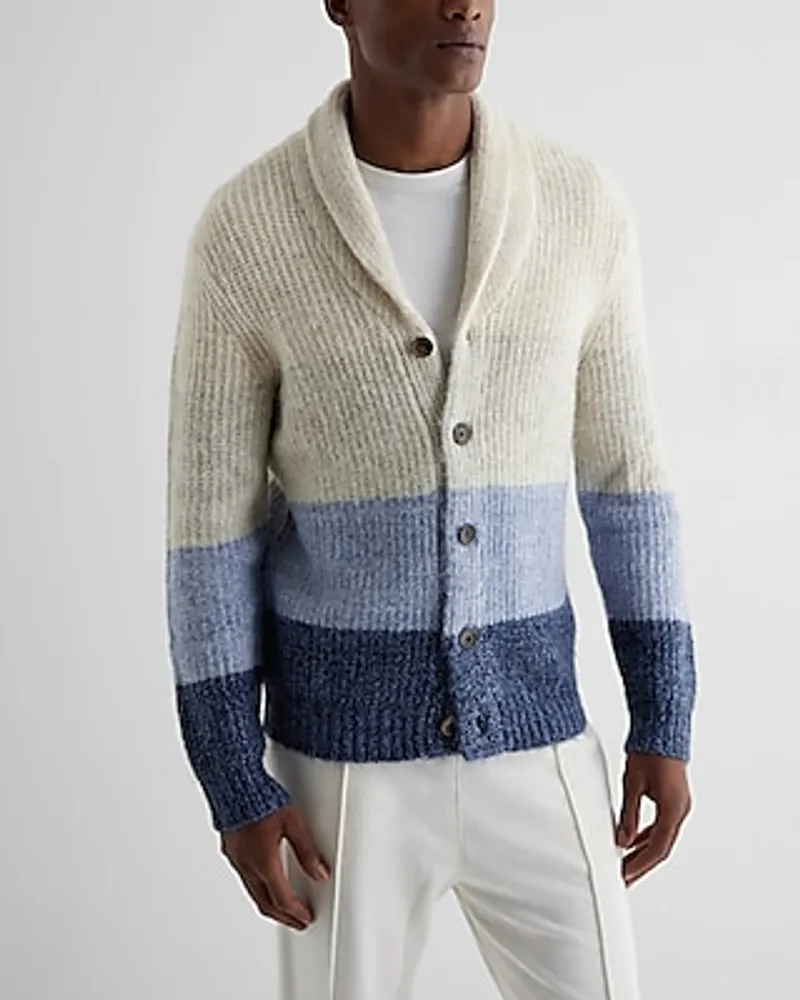 Fuzzy Striped Shawl Neck Cardigan White Men's L