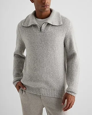 Ribbed Knit Quarter Zip Sweater Gray Men's XS