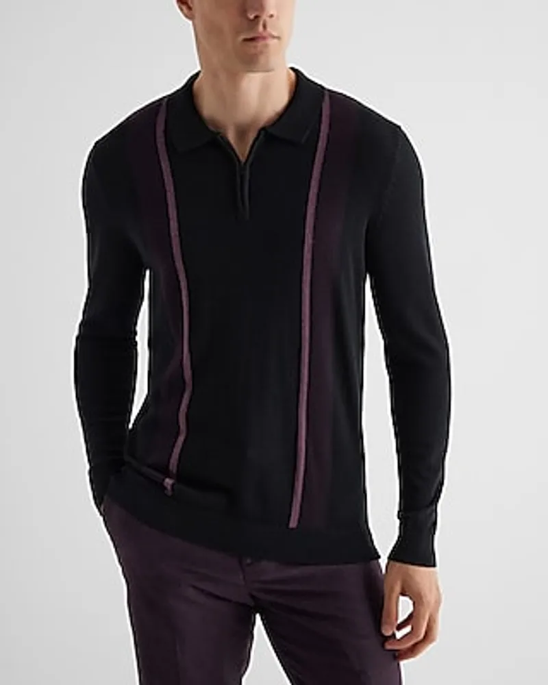 Big & Tall Striped Merino Wool Zip Sweater Polo Black Men's XXL