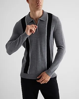 Striped Merino Wool Zip Sweater Polo Gray Men's
