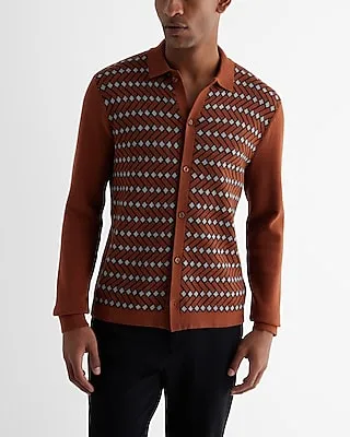 Herringbone Geo Cotton Long Sleeve Sweater Polo Brown Men's