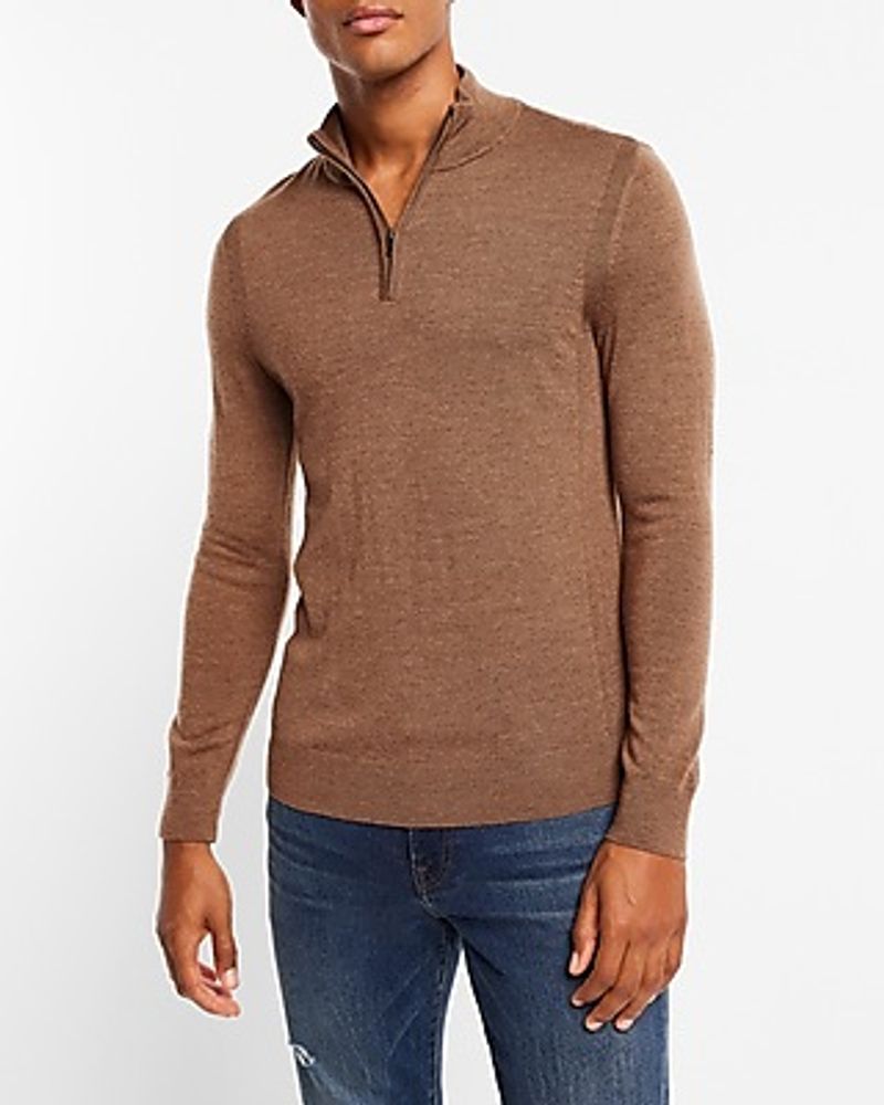 Merino Wool Quarter Zip Mock Neck Sweater Brown Men's XL