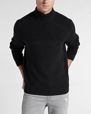 Solid Mixed Stitch Turtleneck Sweater Black Men's XL