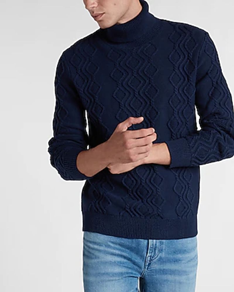 Cable Knit Turtleneck Sweater Blue 