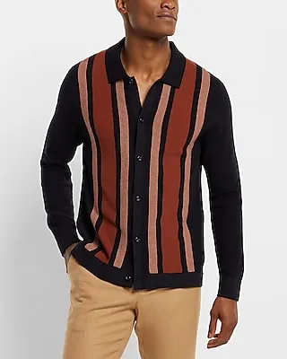 Striped Button Down Sweater Polo Black Men