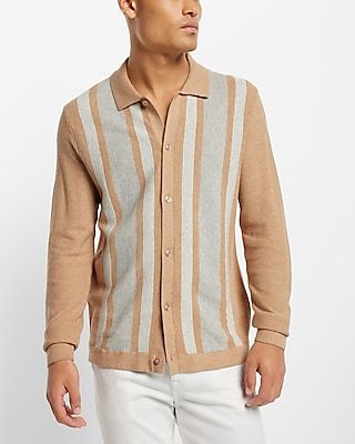 Striped Button Down Sweater Polo Neutral Men's L Tall