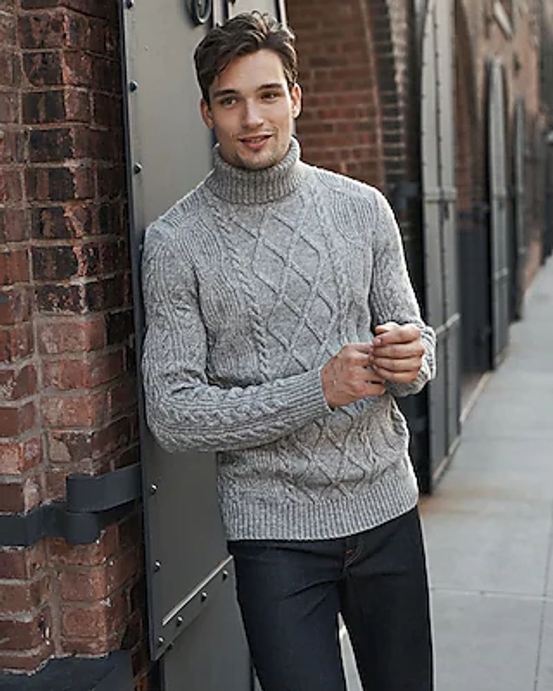Wool-Blend Cable Knit Turtleneck Sweater Men's