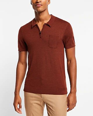 Merino Wool Short Sleeve Zip Polo Sweater Brown Men's XL