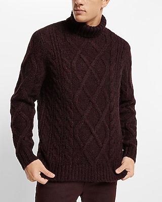 Wool-Blend Cable Knit Turtleneck Sweater Purple Men's L Tall