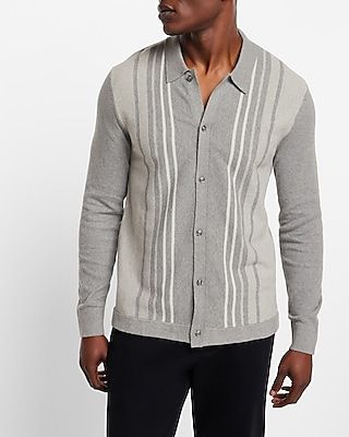 Striped Button Down Sweater Polo Gray Men's