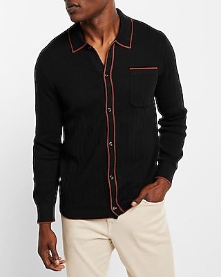 Piped Ribbed Button Down Sweater Polo Black Men's M