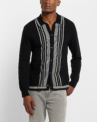 Striped Button Down Sweater Polo Black Men's L Tall