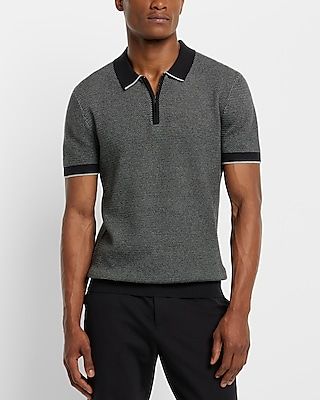 Contrast Collar Textured Print Zip Sweater Polo Blue Men's M Tall