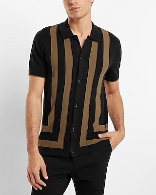 Framed Striped Short Sleeve Cotton Polo Sweater Black Men's S