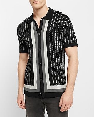 Geo Striped Short Sleeve Sweater Polo Black Men's XL