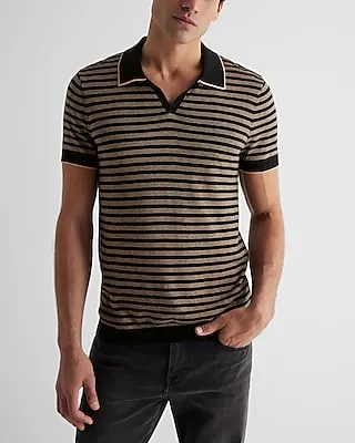 Striped Johnny Collar Sweater Polo