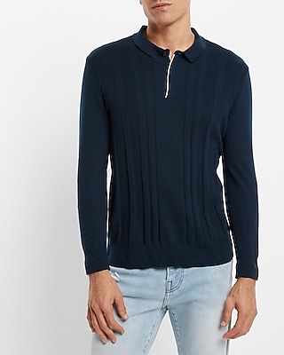 Ribbed Cotton Long Sleeve Sweater Polo