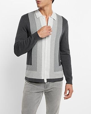 Striped Button Down Sweater Polo Gray Men's XL