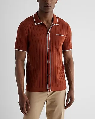 Ribbed Cotton Short Sleeve Sweater Polo Brown Men's M Tall