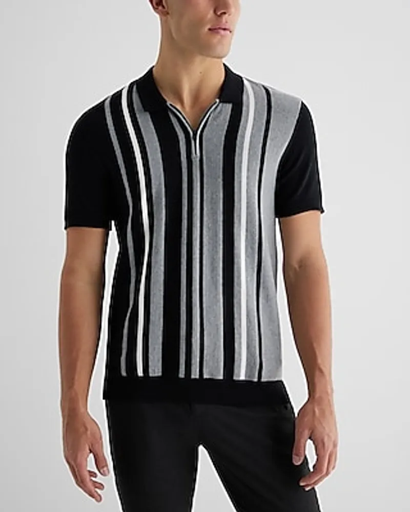 Asymmetrical Striped Cotton Short Sleeve Sweater Polo Black Men's L Tall