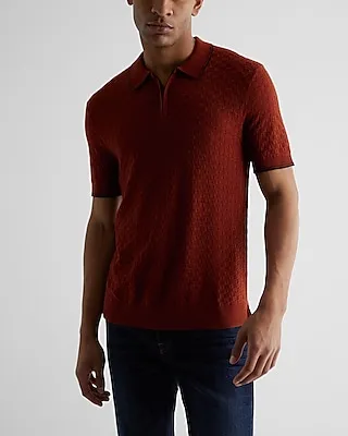 Basket Weave Cotton-Blend Short Sleeve Sweater Polo Brown Men's L Tall