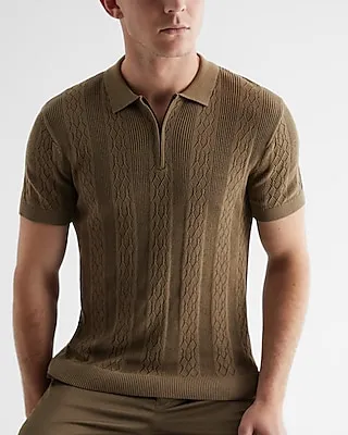 Pointelle Stitched Stripe Cotton-Blend Zip Sweater Polo Brown Men's XL