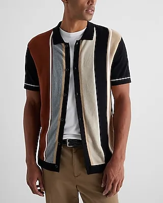 Striped Cotton-Blend Short Sleeve Sweater Polo Black Men's Tall
