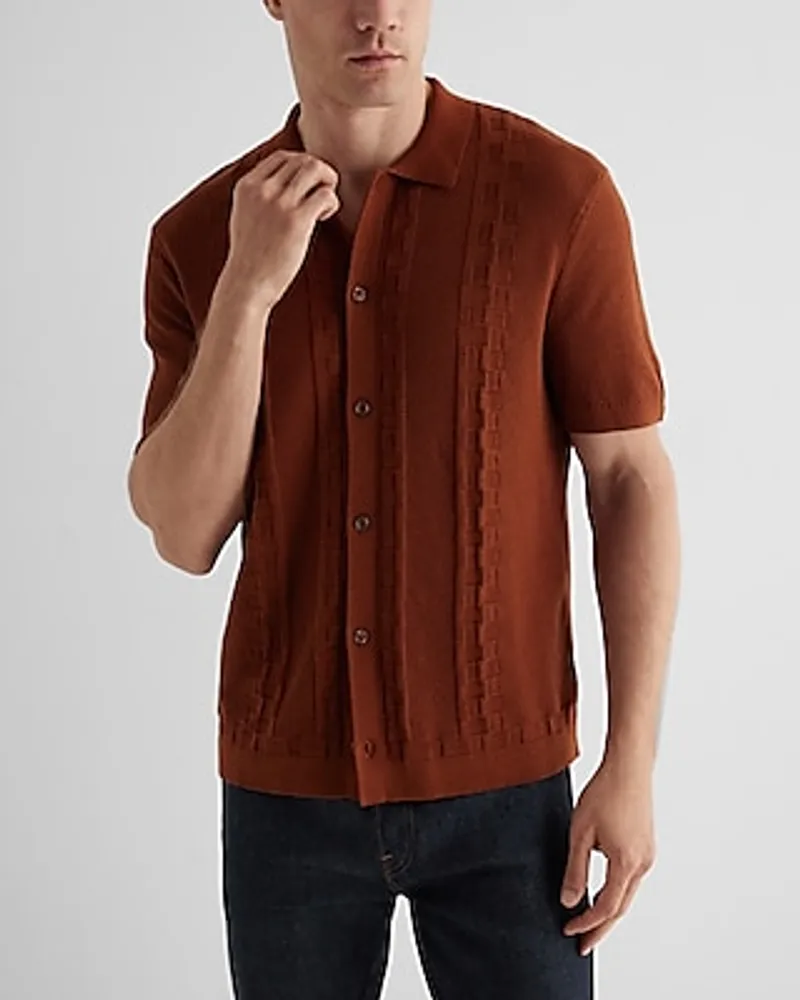 Woven Textured Short Sleeve Sweater Polo Brown Men's XS
