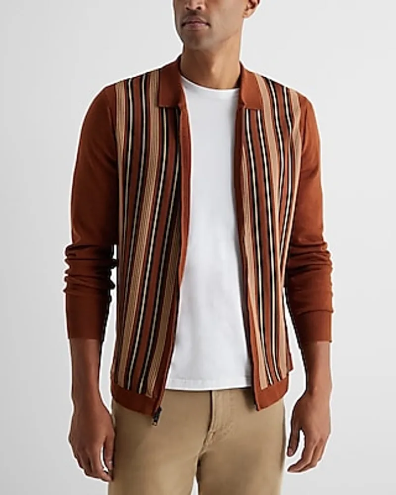 Striped Cotton-Blend Zip Sweater Polo Brown Men's S