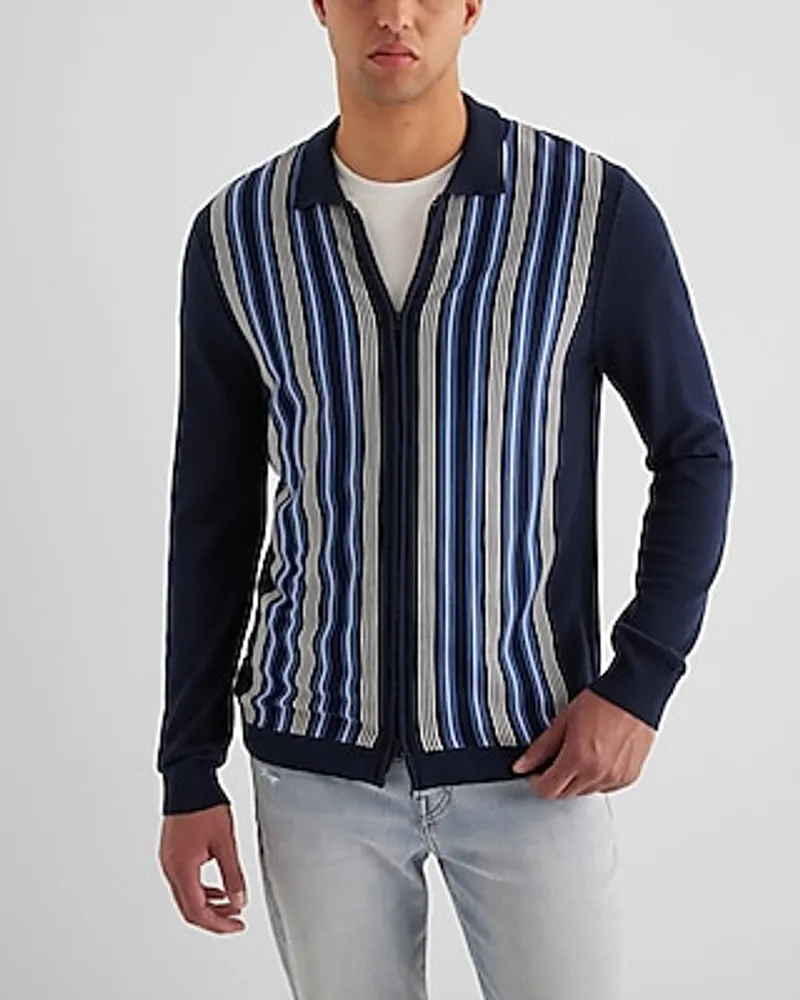 Striped Cotton-Blend Zip Sweater Polo Blue Men's XL