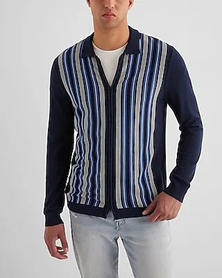 Striped Cotton-Blend Zip Sweater Polo Blue Men's S