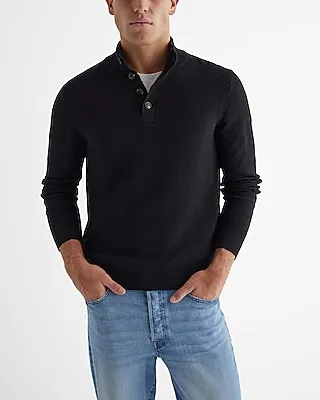 Cotton Textured Stitch Buttoned Mock Neck Sweater Black Men's S