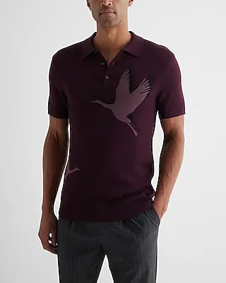 Flying Birds Cotton-Blend Short Sleeve Sweater Polo Purple Men's M
