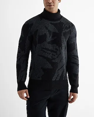 Fuzzy Abstract Floral Turtleneck Sweater Black Men's L Tall