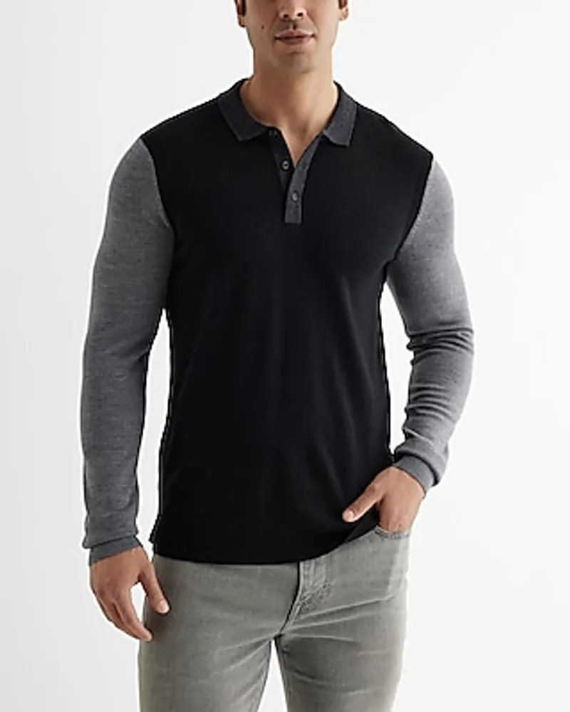 Color Block Merino Wool Sweater Polo Black Men's XS