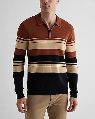 Striped Cotton Zip Sweater Polo Brown Men's XL Tall
