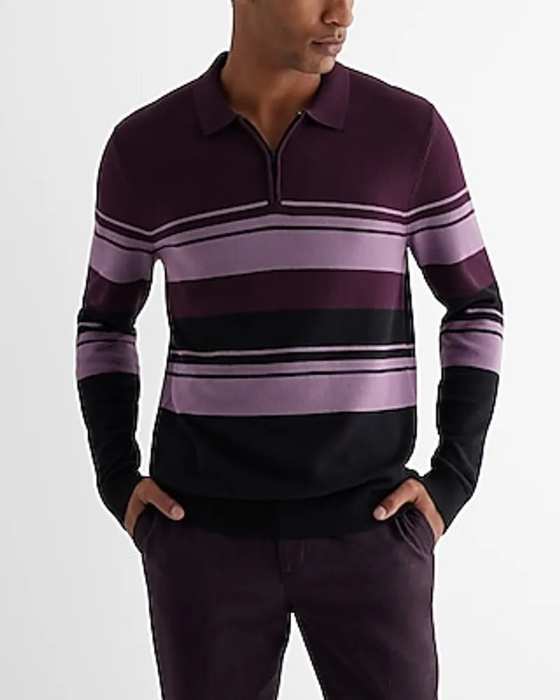 Striped Cotton Zip Sweater Polo Purple Men's M