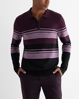 Striped Cotton Zip Sweater Polo Purple Men's XS