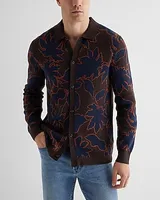 Abstract Floral Cotton Long Sleeve Sweater Polo Brown Men's