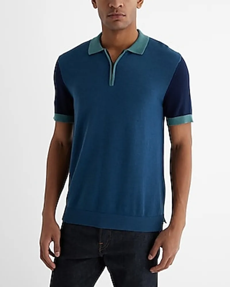 Big & Tall Color Block Cotton-Blend Zip Sweater Polo Blue Men's XXL